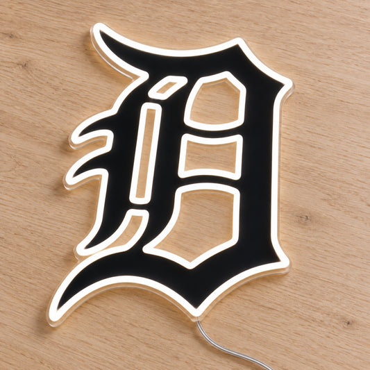Detroit Tigers LED Neon Sign, featuring team logo displayed on a wooden surface.