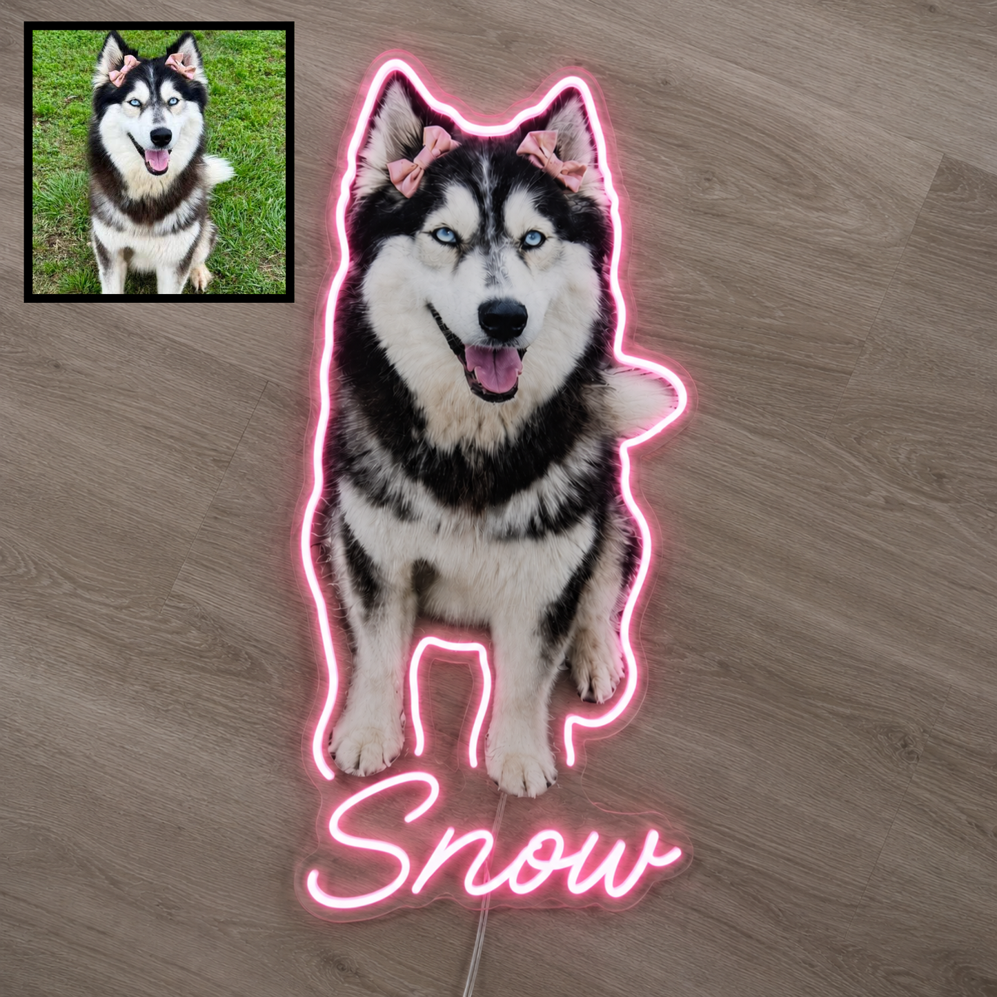 Custom dog name neon sign example featuring a Husky design