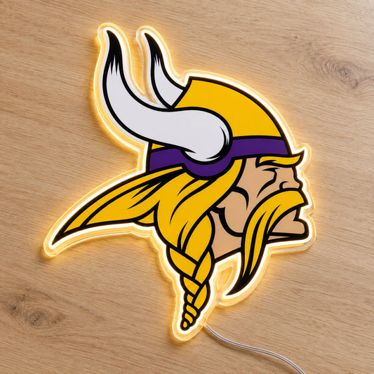 Minnesota Vikings LED Neon Sign, featuring team logo displayed on a wooden surface.