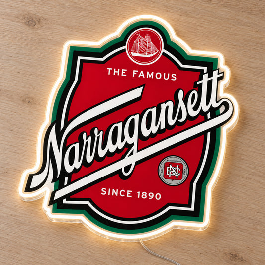 Narragansett LED Neon Sign, featuring beer-brand logo displayed on a wooden surface.