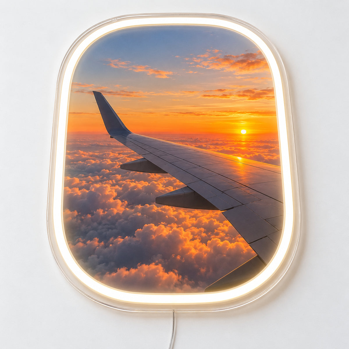 Aircraft Window Neon Sign, featuring an aircraft window framing a wing and sunset scene, on a single clear acrylic backing displayed on a white surface.