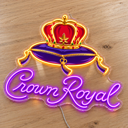 Crown Royal LED neon sign on a light wooden surface, second angled view