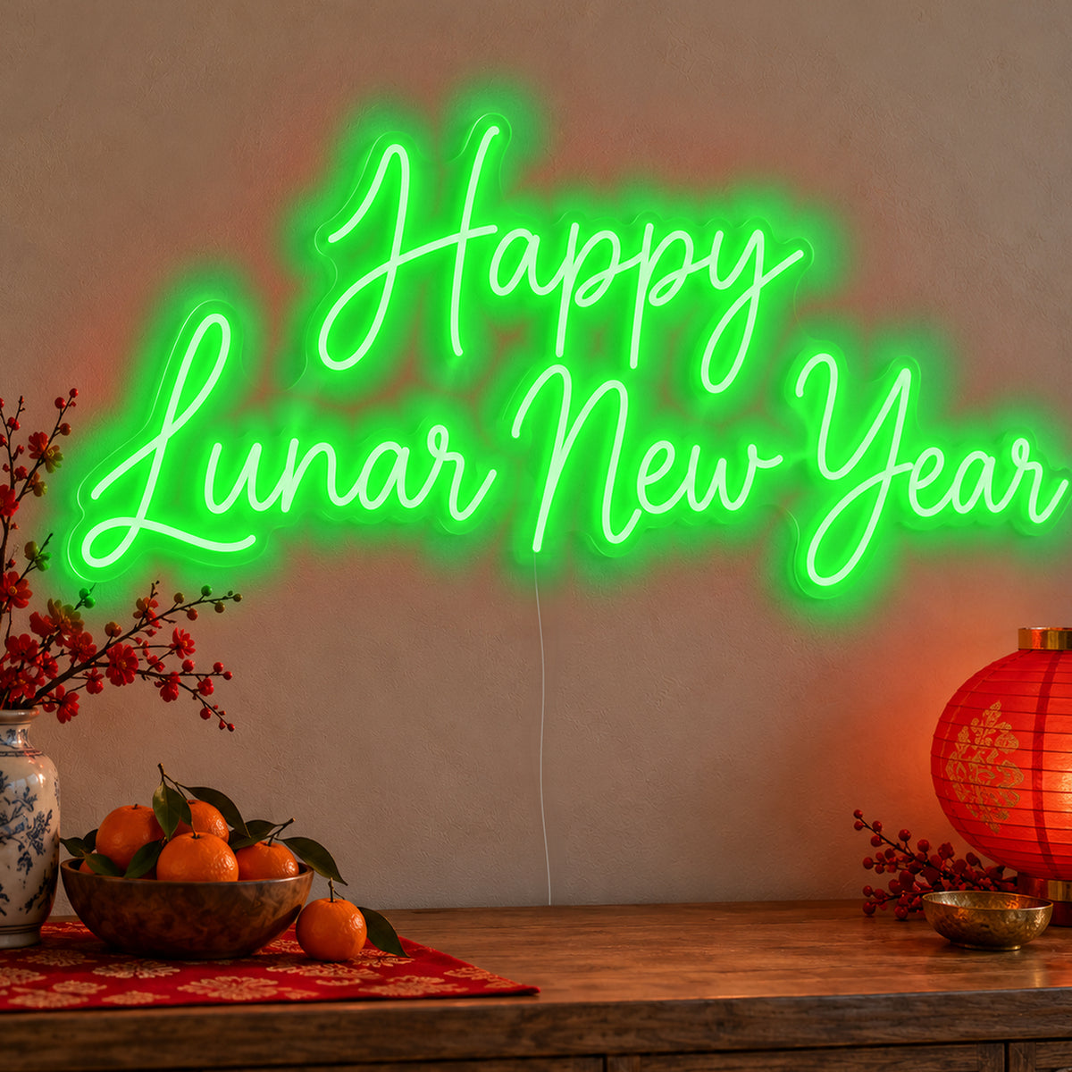Happy Lunar New Year Neon Sign in green LED neon on clear acrylic, angled view