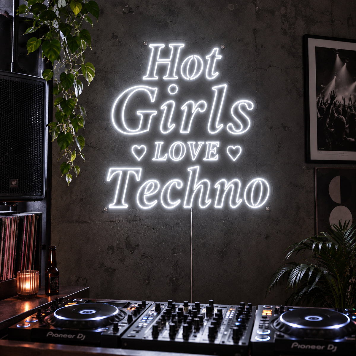 Hot Girls Love Techno Neon Sign, RGB colour-changing option shown in white with heart details above a DJ setup.