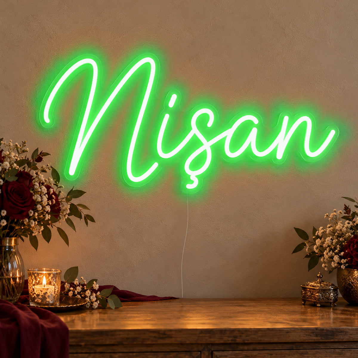 Nişan Neon Sign in green LED neon on clear acrylic, angled view