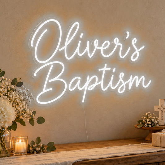 Personalised Baptism Neon Sign in white LED neon on clear acrylic, angled view