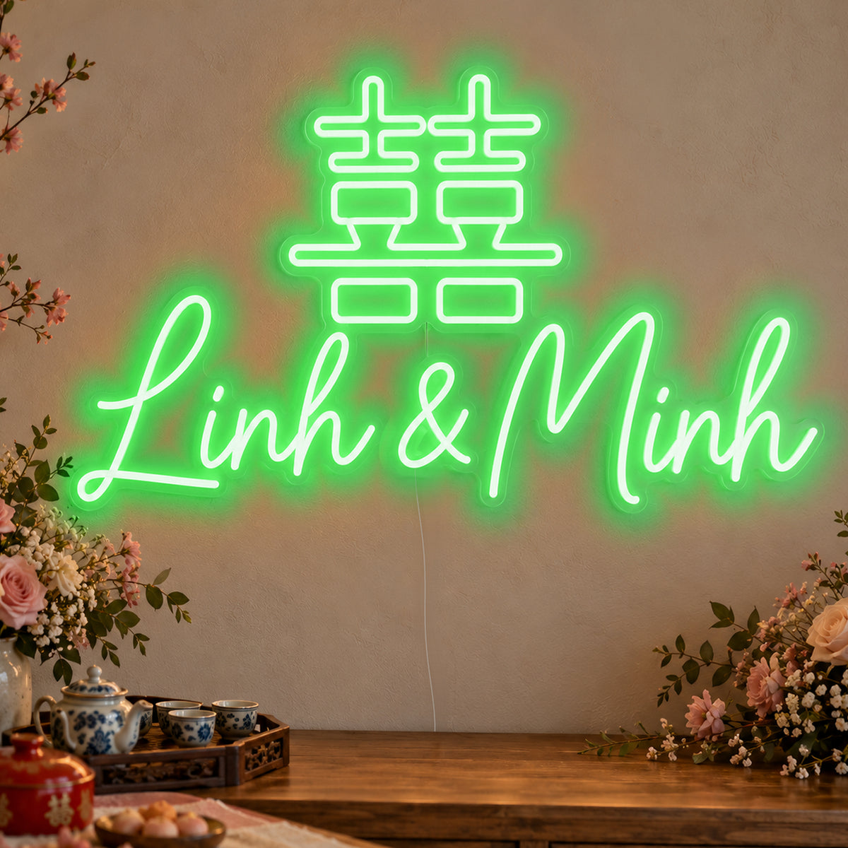 Personalised Double Happiness Vietnamese Names Neon Sign in green LED neon on clear acrylic, angled view