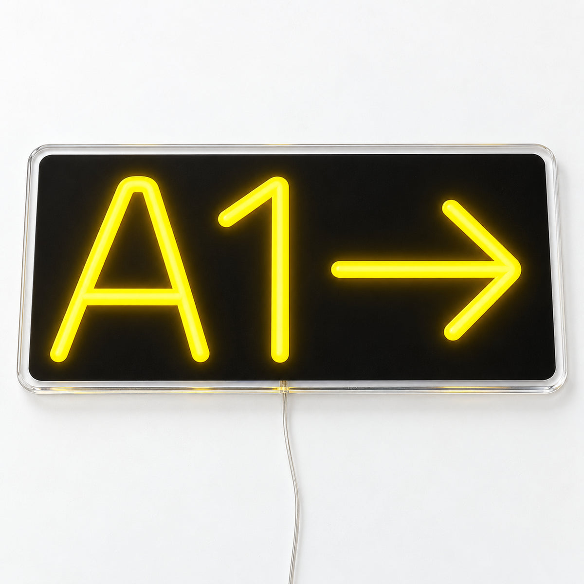 Taxiway A1 Neon Sign, featuring an A1 taxiway marker with a directional arrow, on a single clear acrylic backing displayed on a white surface.