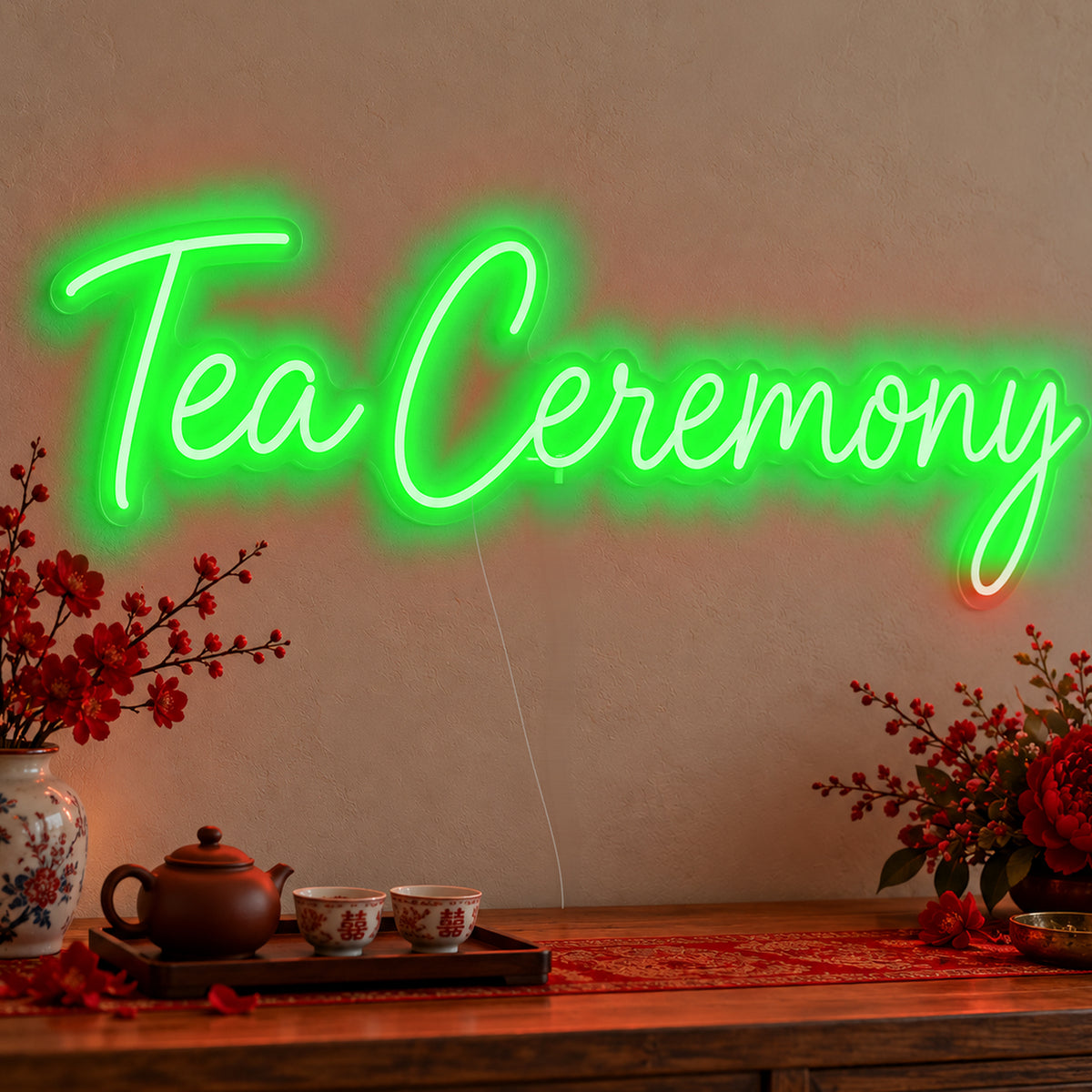Tea Ceremony Neon Sign in green LED neon on clear acrylic, angled view