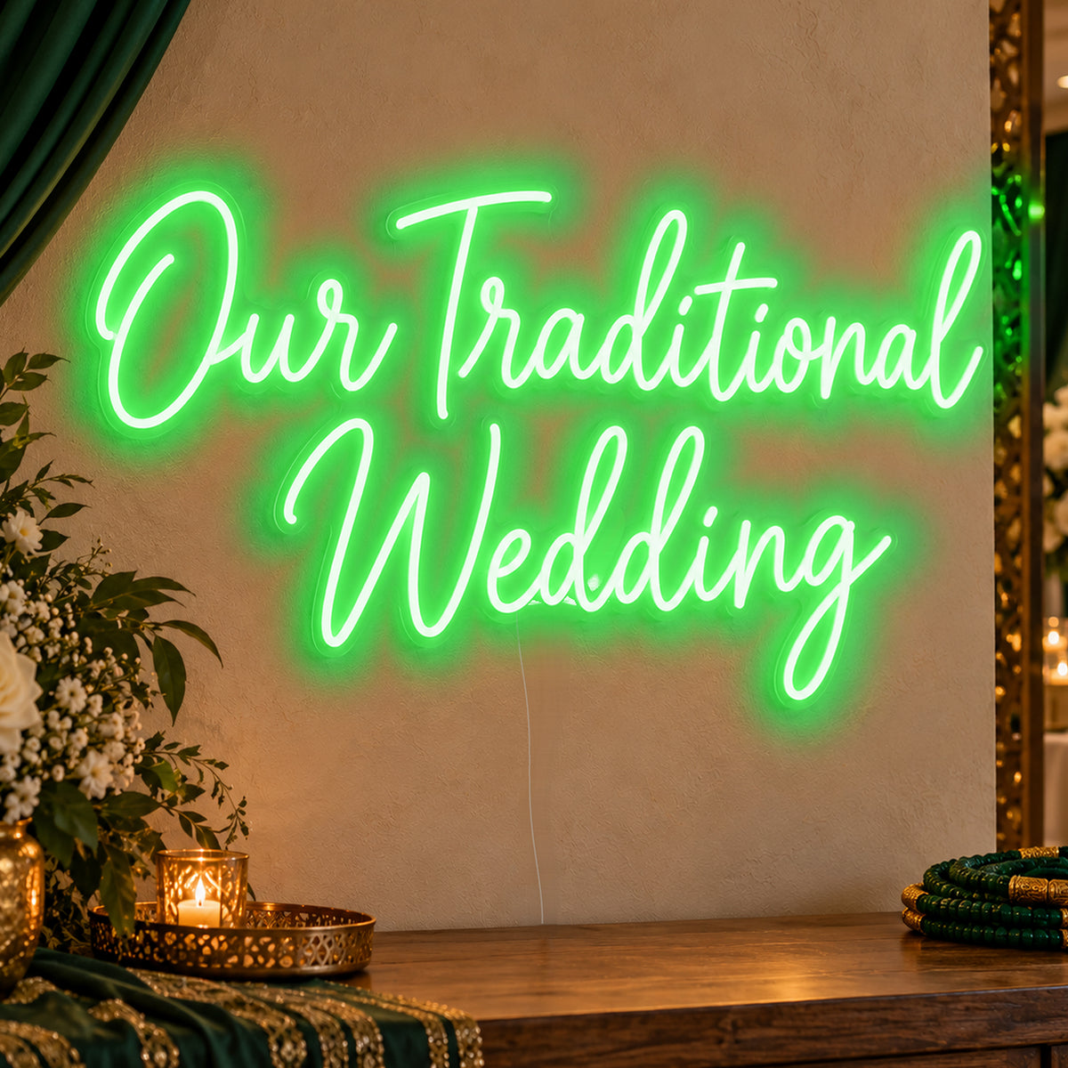 Traditional Wedding Neon Sign in green LED neon on clear acrylic, angled view