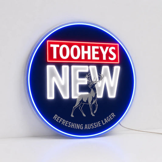 Tooheys New Neon Sign, featuring illuminated beer-brand logo on a light background.