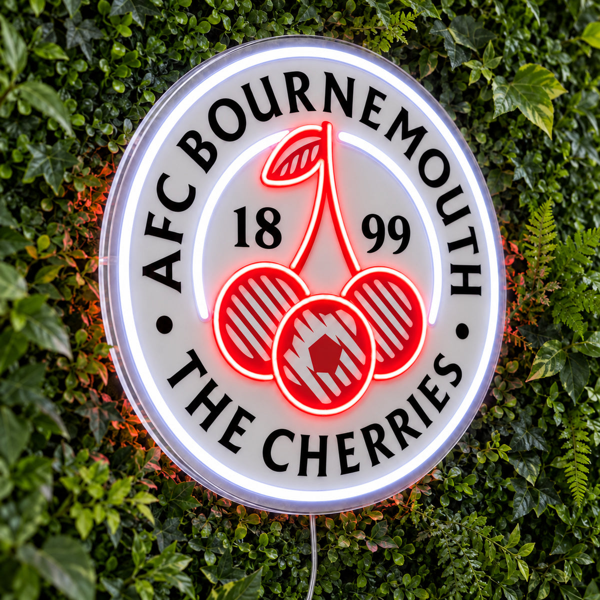 AFC Bournemouth LED Neon Sign, featuring team logo displayed on a green foliage wall.