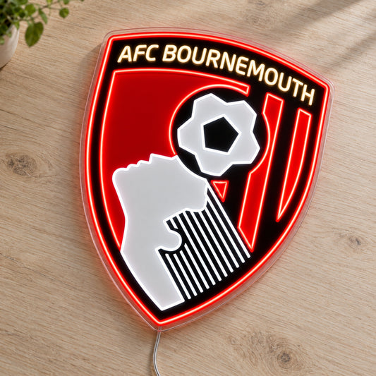 AFC Bournemouth Old Logo LED Neon Sign, featuring team logo displayed on a wooden surface.