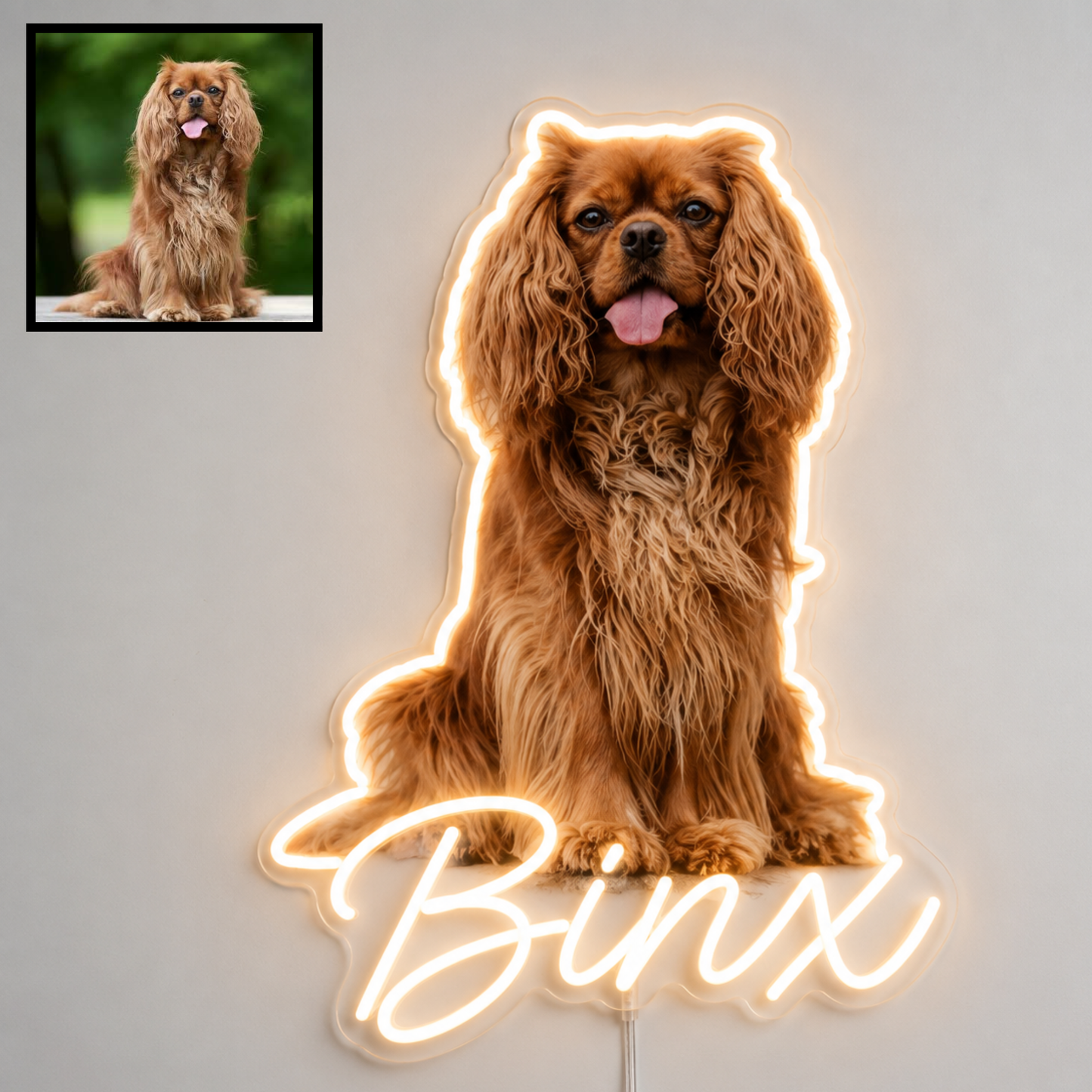 Custom dog name neon sign example featuring a Cavalier King Charles Spaniel design