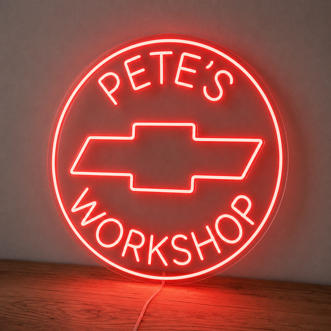 Chevrolet bowtie custom name LED neon sign for a personalised garage