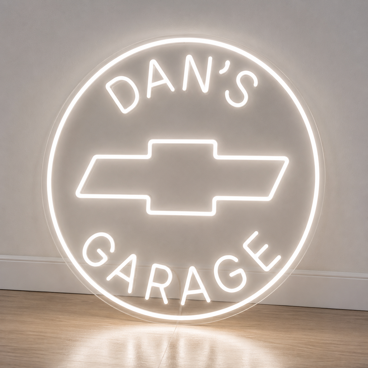 White Chevrolet bowtie personalised name neon sign on clear acrylic