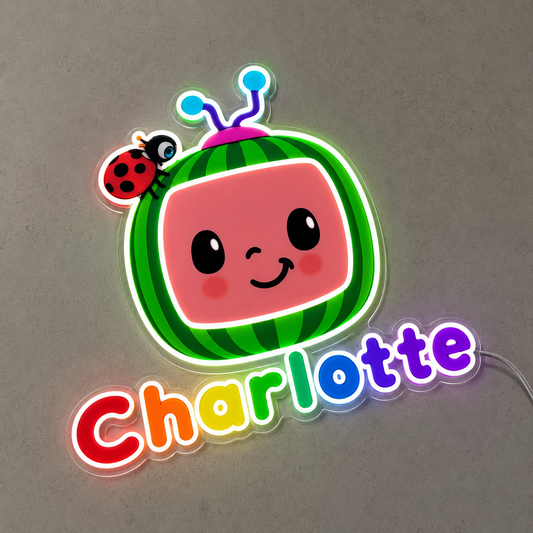 CoComelon custom name LED neon sign for a toddler or child's bedroom