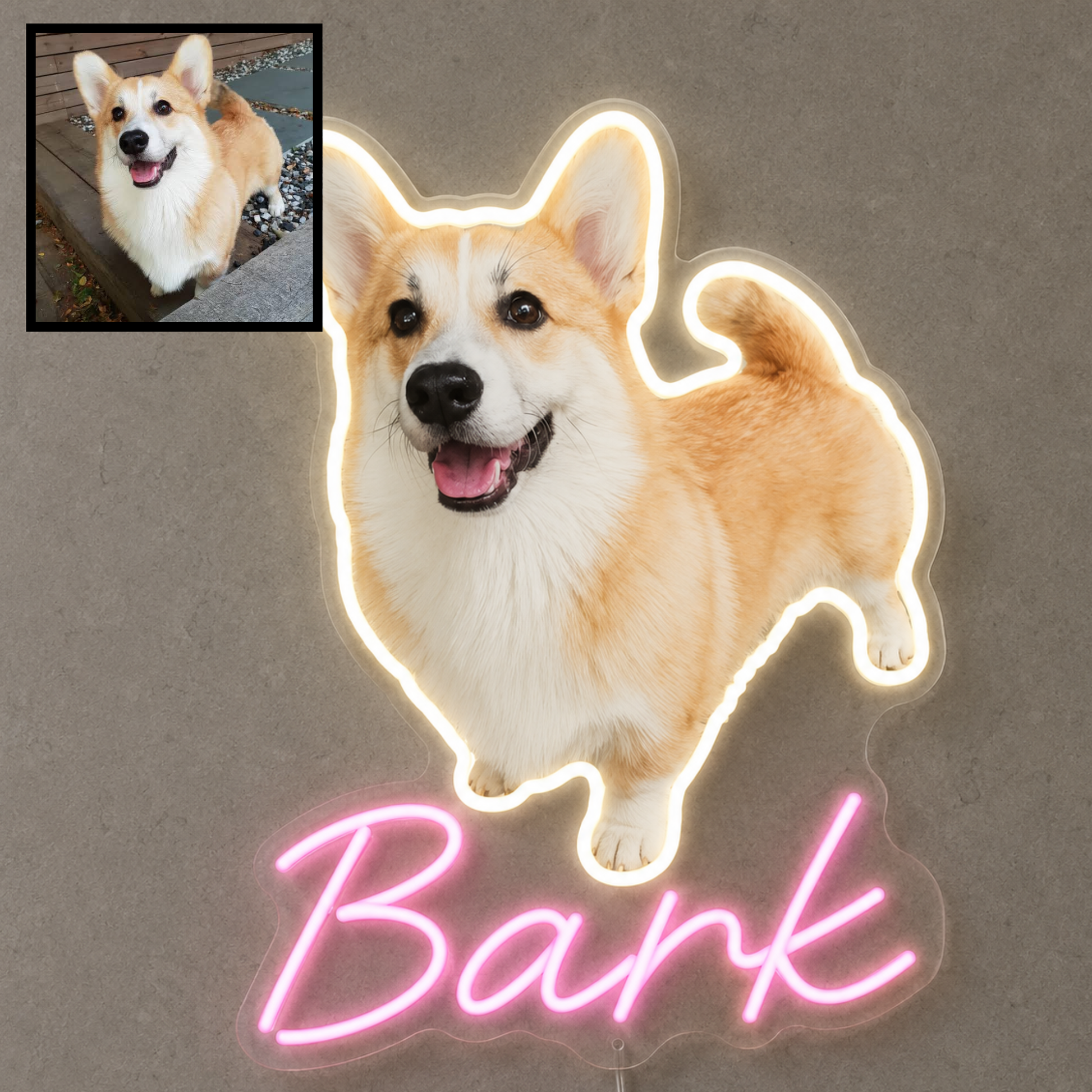 Custom dog name neon sign example featuring a Corgi design