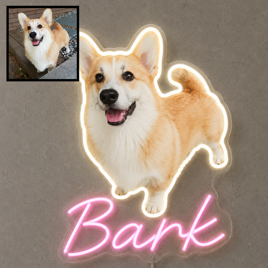 Custom dog name neon sign example featuring a Corgi design
