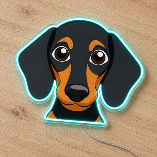 Dachshund LED Neon Sign in turquoise, featuring a dachshund face with a glowing outline on a wooden surface.