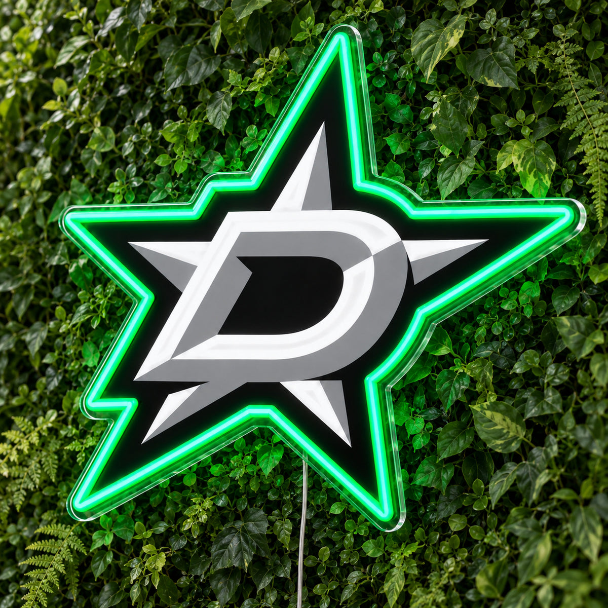 Dallas Stars LED Neon Sign, featuring team logo displayed on a green foliage wall.