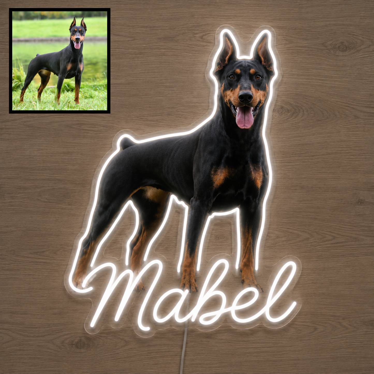 Custom dog name neon sign example featuring a Doberman design