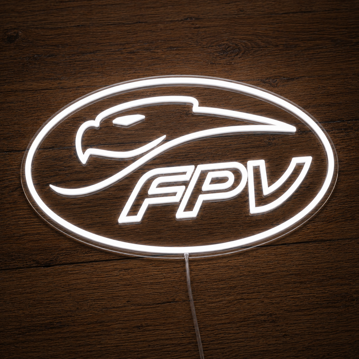An oval LED neon-style sign with a white outline and the letters FPV, featuring a bird head graphic above the text, placed on a dark wood surface.