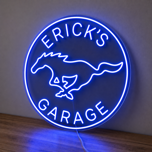 Blue Ford Mustang custom name LED neon sign for a personalised garage