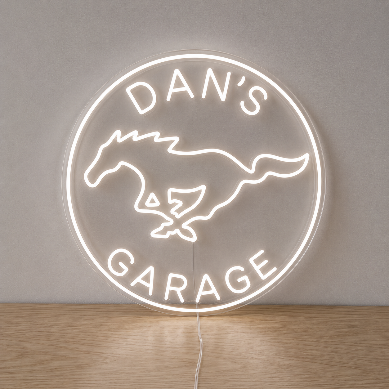 White Ford Mustang custom garage name LED neon sign