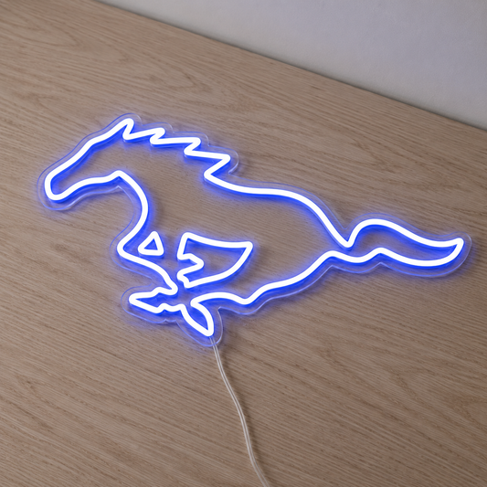 Blue Ford Mustang horse LED neon sign for garage and man cave decor