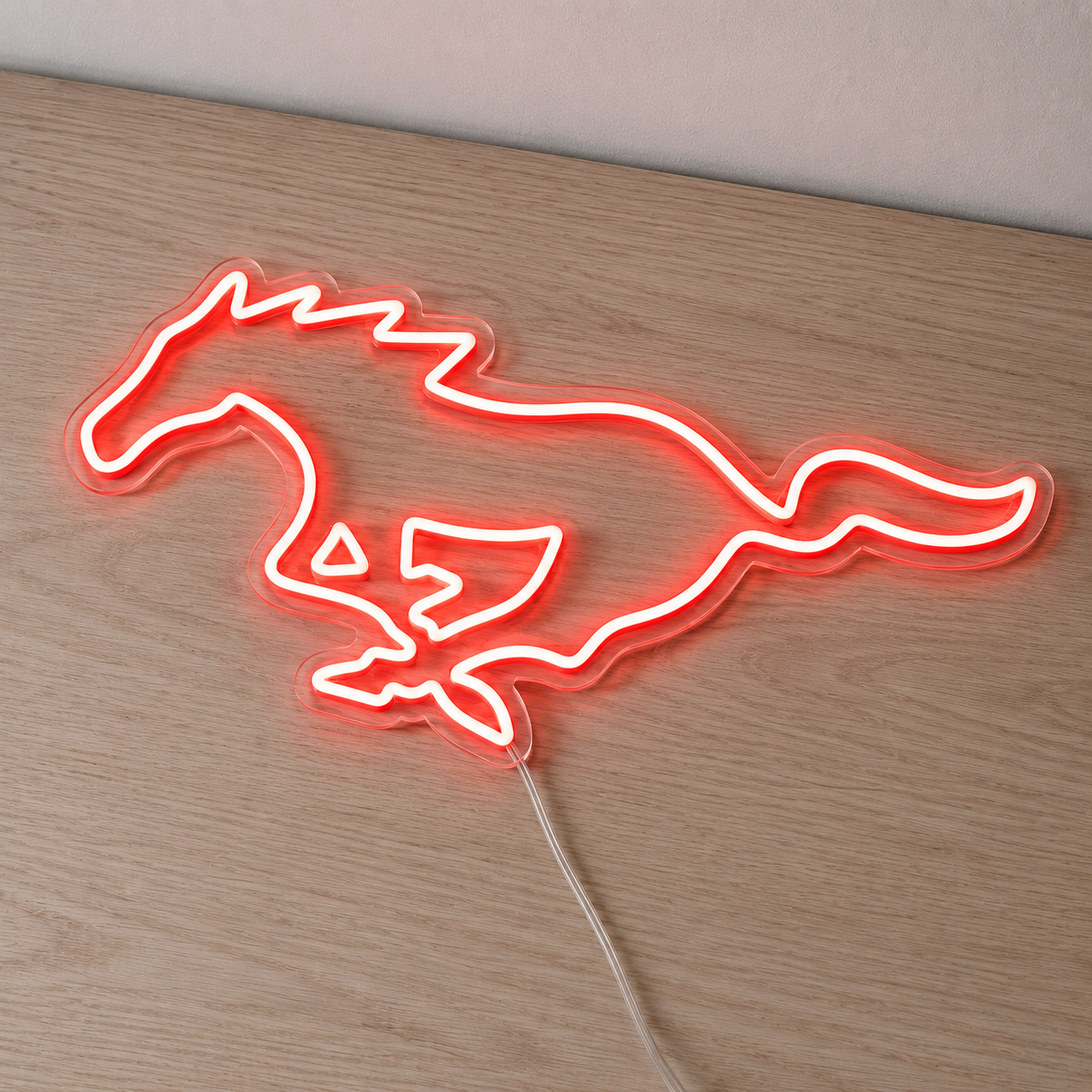 Red Ford Mustang horse LED neon sign mounted on clear acrylic