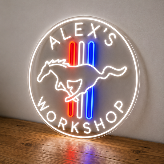 Ford Tribar custom text LED neon sign for a personalised Mustang garage