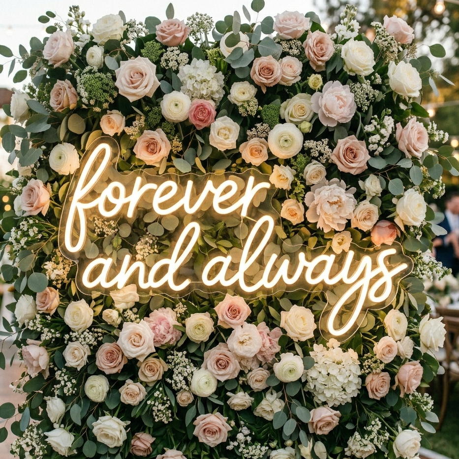 Custom white LED neon sign reading 'Forever & Always' mounted on a floral backdrop at a Sydney wedding reception