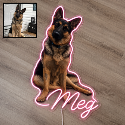 Custom dog name neon sign example featuring a German Shepherd / Alsatian design