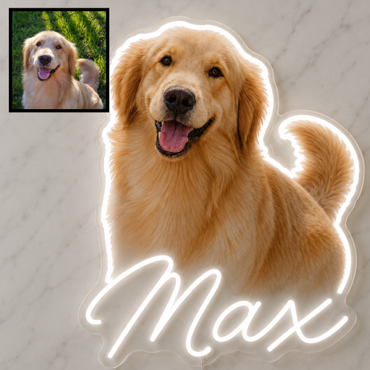 Custom dog name neon sign example featuring a Golden Retriever design