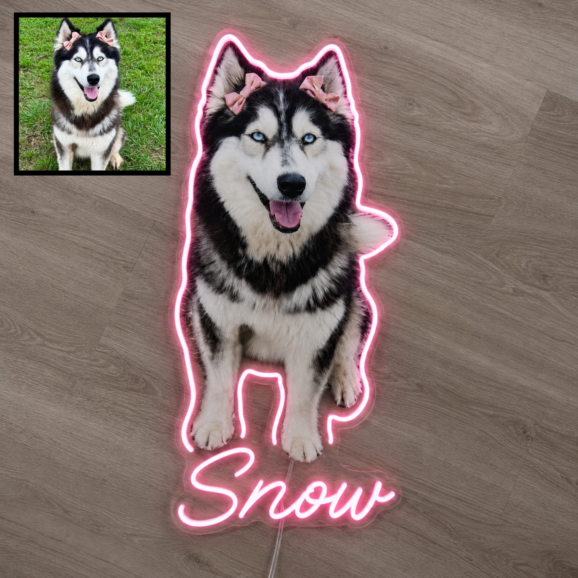 Custom dog name neon sign example featuring a Husky design