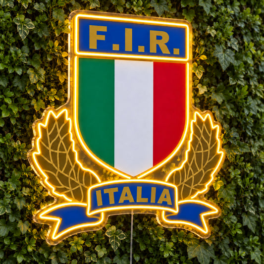 Italy Rugby LED Neon Sign, featuring team logo displayed on a green foliage wall.