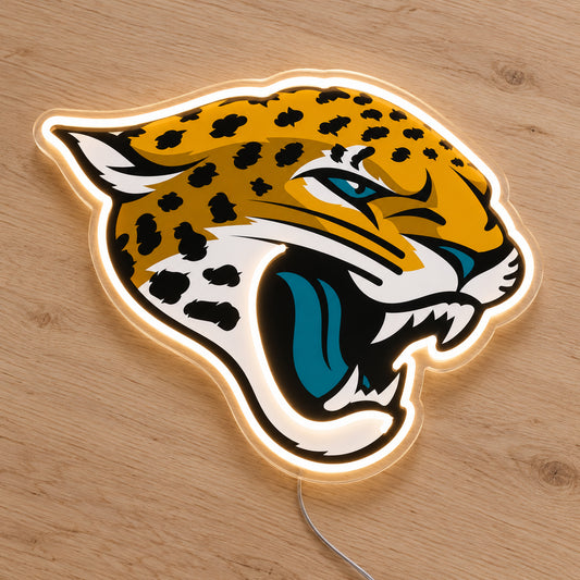 Jacksonville Jaguars LED Neon Sign, featuring team logo displayed on a wooden surface.