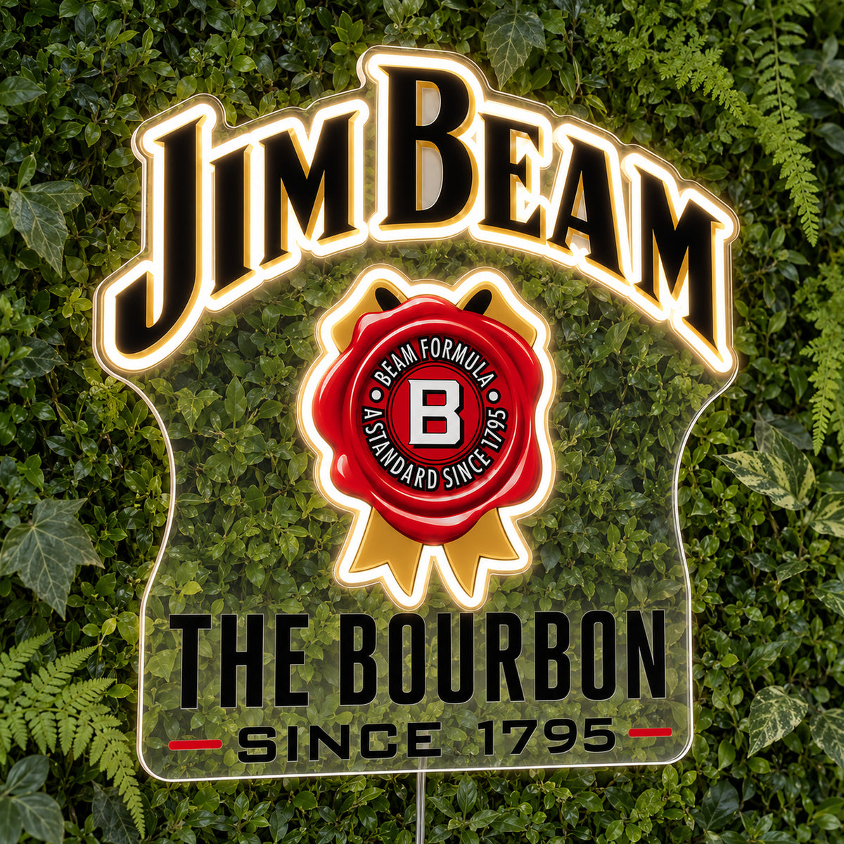 Jim Beam LED Neon Sign, featuring illuminated brand logo on a green foliage wall.