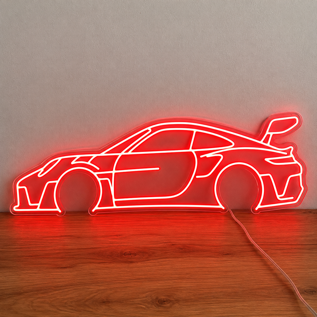 Red Porsche 911 LED neon sign on clear acrylic for a garage or man cave
