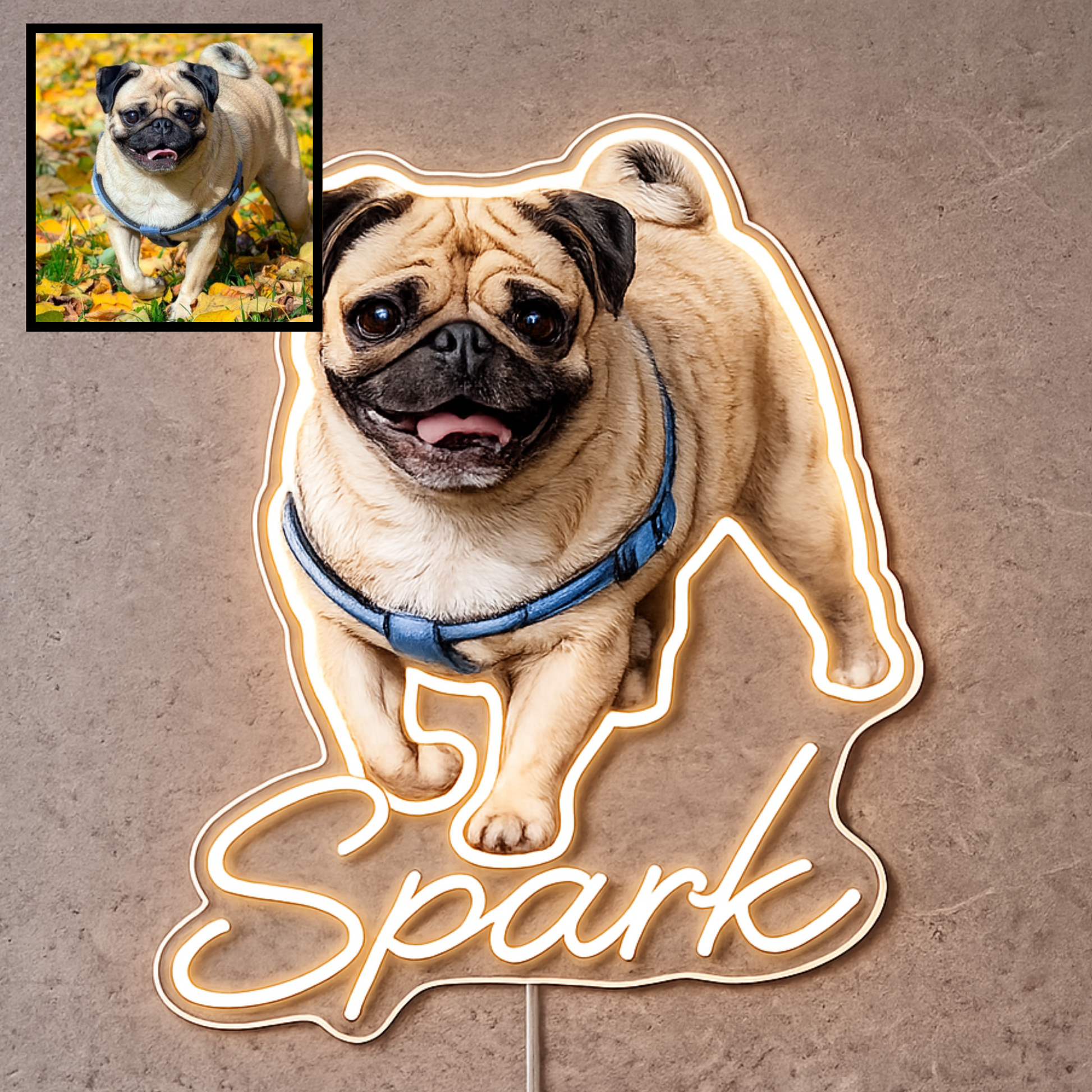 Custom dog name neon sign example featuring a Pug design