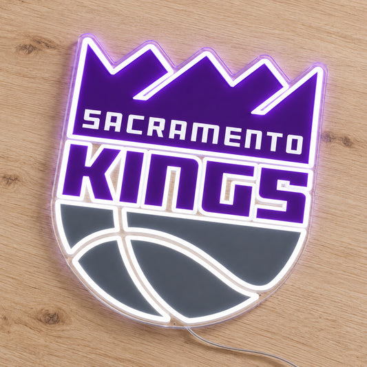 Sacramento Kings LED Neon Sign, featuring team logo displayed on a wooden surface.
