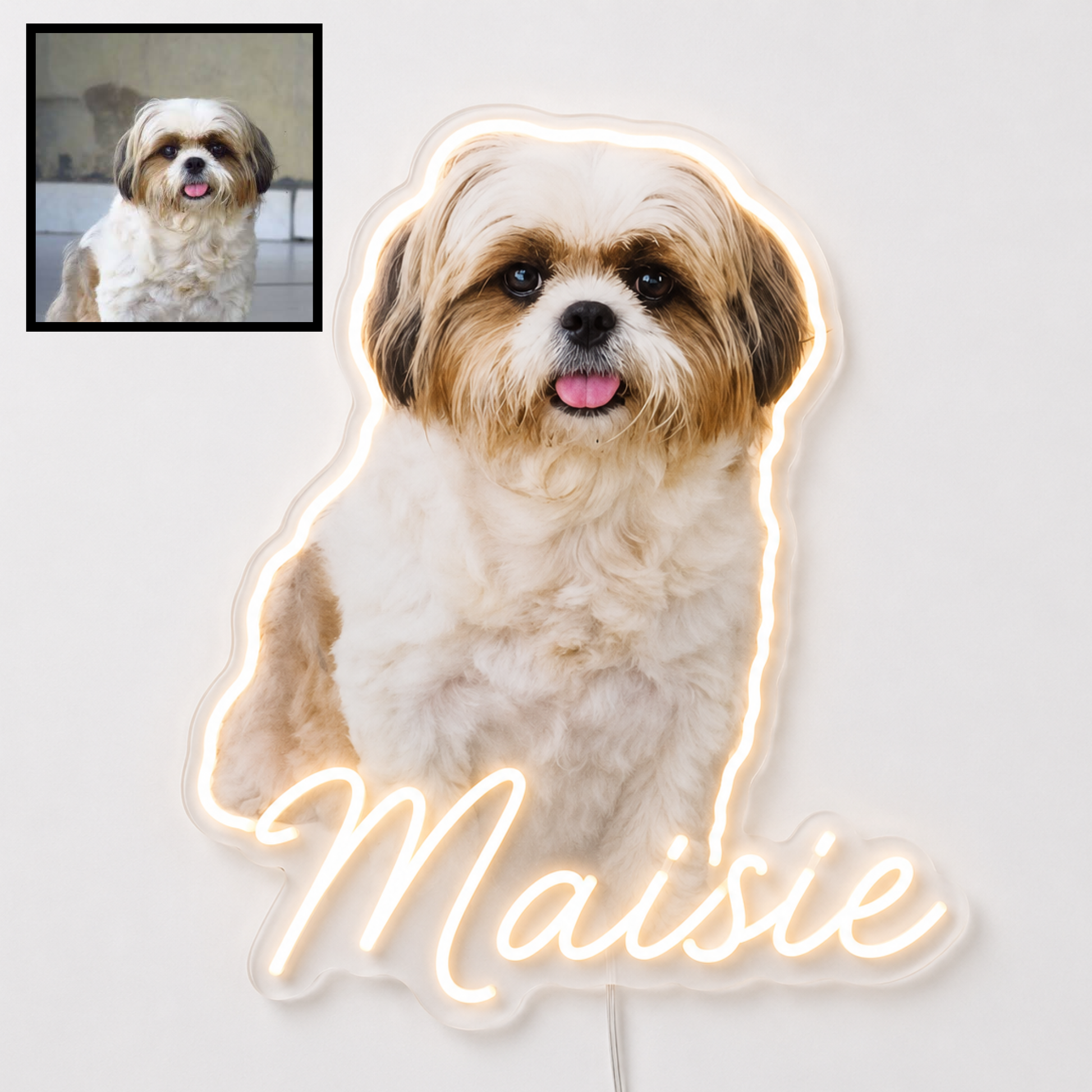 Custom dog name neon sign example featuring a Shih Tzu design
