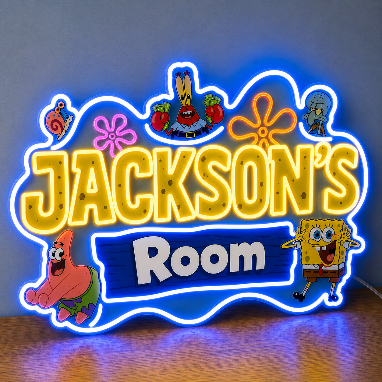 Personalised SpongeBob SquarePants characters neon sign for a child's bedroom