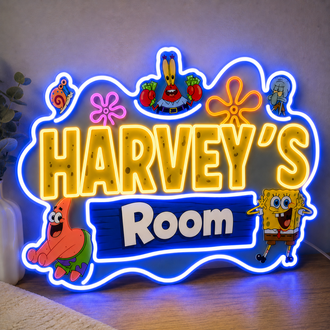 Custom SpongeBob SquarePants character name LED neon sign on clear acrylic