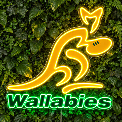 Wallabies Australia Rugby LED Neon Sign, featuring team logo displayed on a green foliage wall.