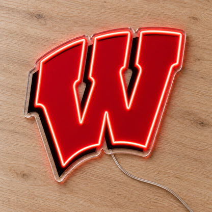 Wisconsin Badgers LED Neon Sign, featuring team logo displayed on a wooden surface.