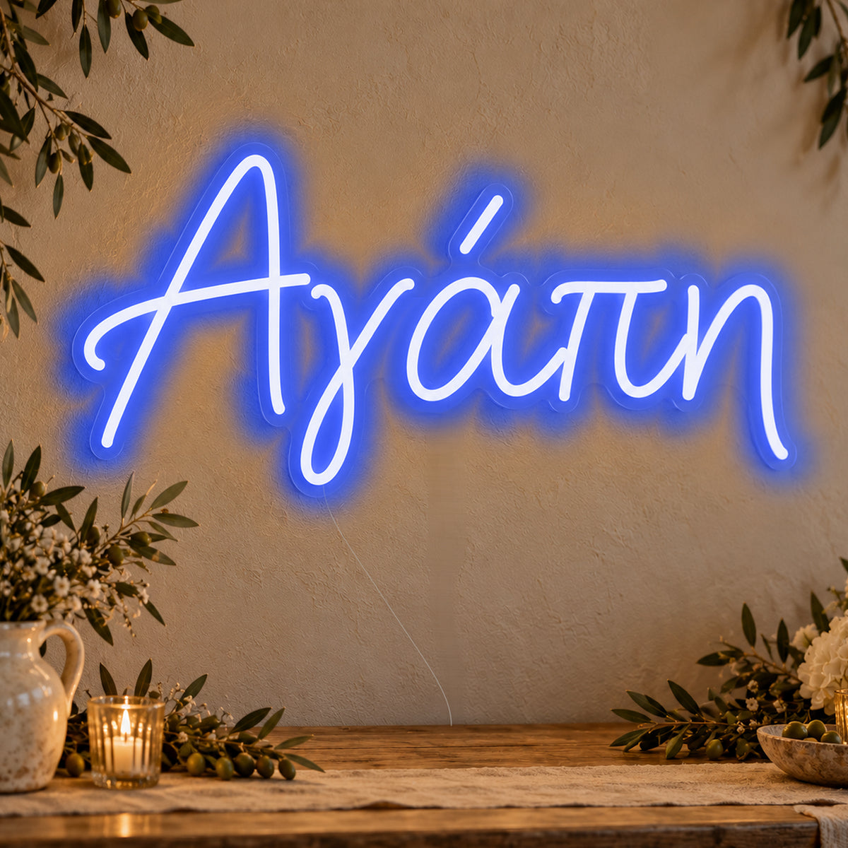 Agapi Greek Love Neon Sign in blue LED neon on clear acrylic, angled view