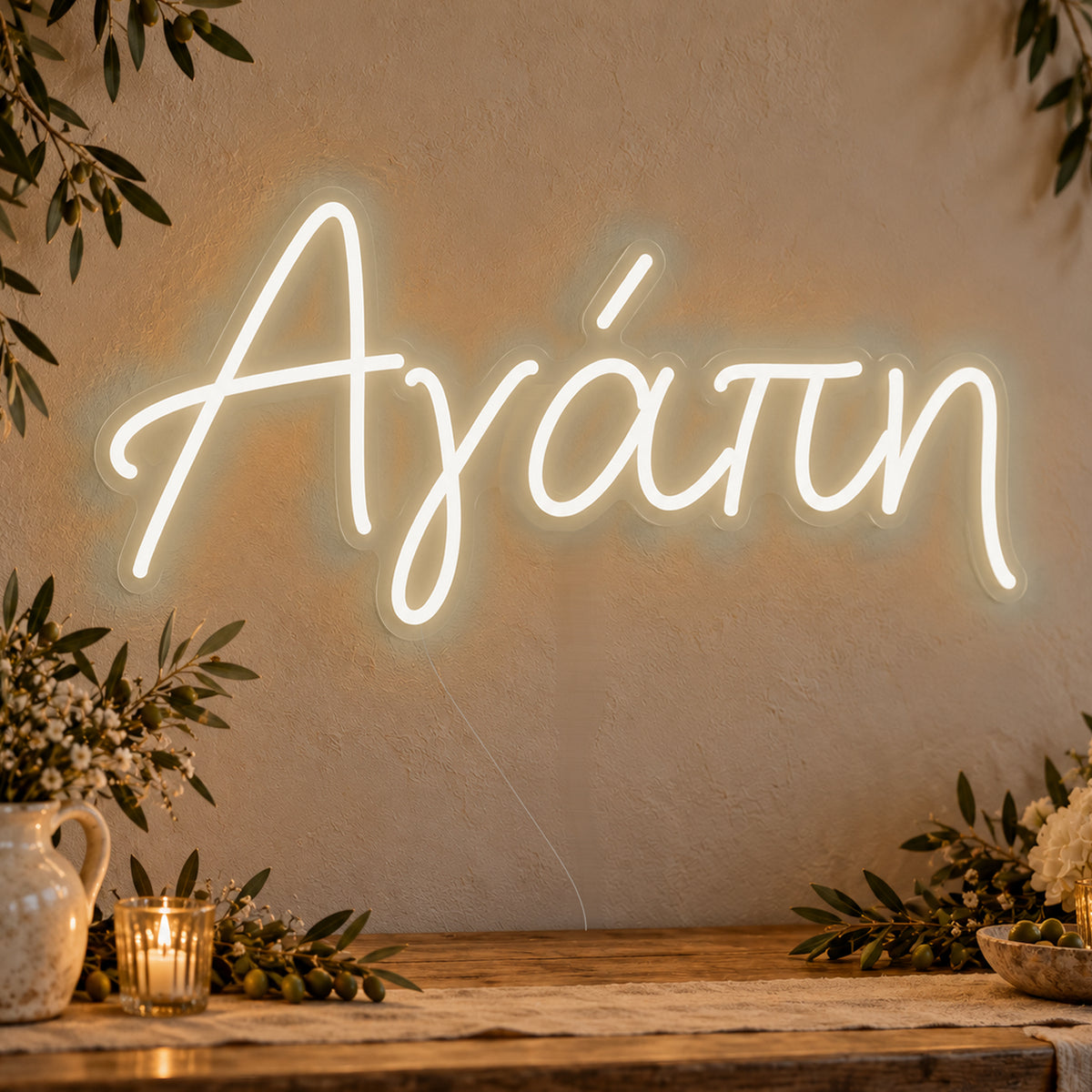 Agapi Greek Love Neon Sign in warm white LED neon on clear acrylic, angled view
