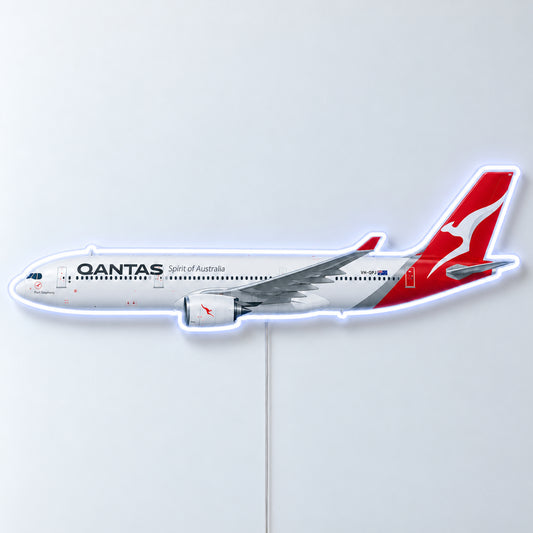 Airbus A330-300 Qantas Neon Sign with printed aircraft details and an illuminated LED outline on clear acrylic, shown from the front on a white surface, registration VH-QPJ